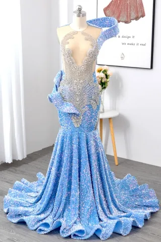 iridescent blue sequin silver beading unique prom dress