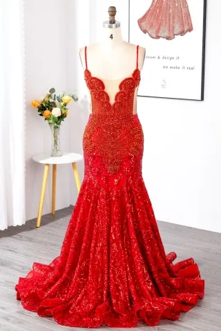 luxury rhinestone beading sequin red long prom dress