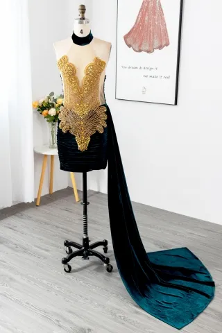 gold beading dark green velvet short sexy prom dress