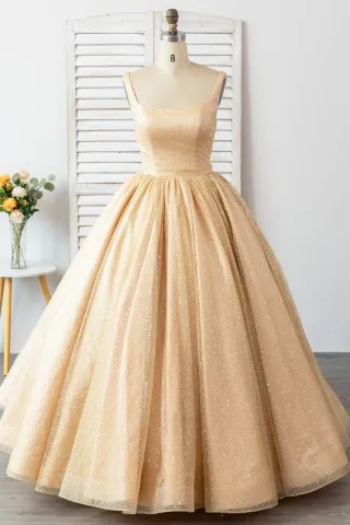 sparkly light gold grid glitter mesh sweet 16 ball gown