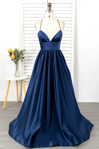 simple spaghetti strap deep v neck midnight satin prom dress