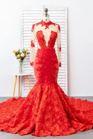 illusion plunging neck red lace 3d rosette prom dress