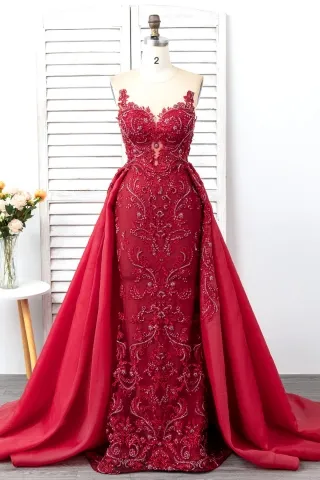 beaded wine lace long prom dress with overskirt
