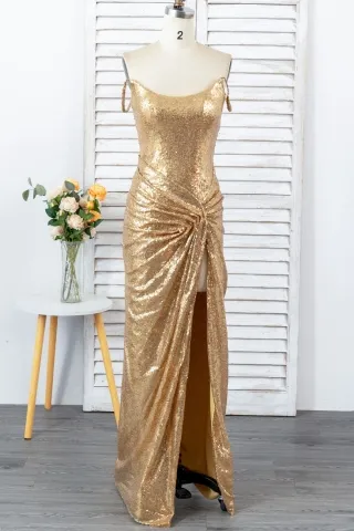 off shoulder gold sequin draped high slit evening dress