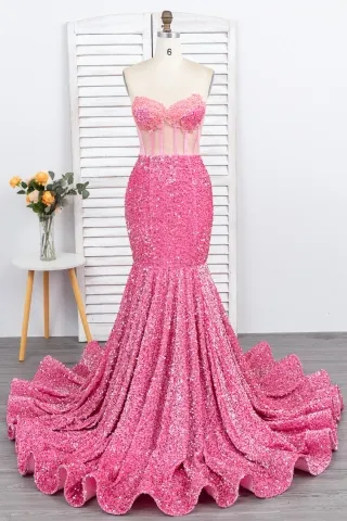 sparkly candy pink velvet sequin sheer corset prom gown
