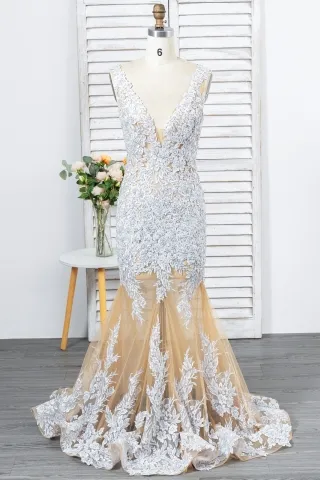 beaded silver lace and nude sheer tulle mermaid formal dress