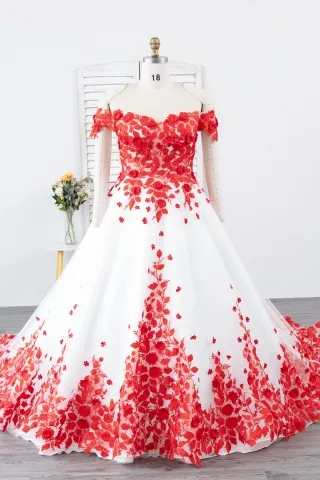 breathtaking red 3d floral off shoulder princess gown