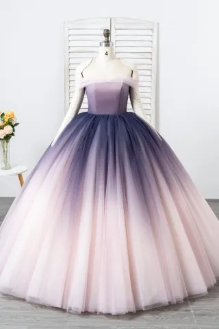 purple and blush ombre tulle off the shoulder ball gown