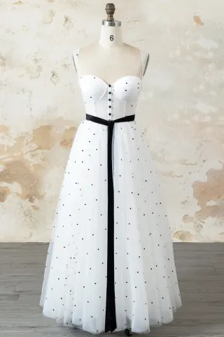 black polka dotted white queen anne neck evening dress