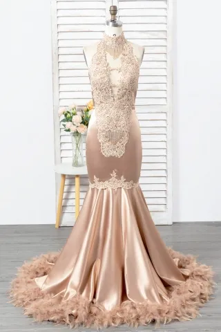 khaki satin and feather mermaid black girl prom dress