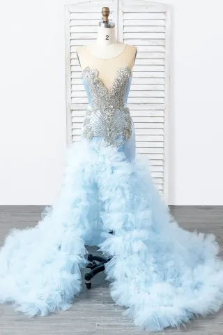 heavily ruffled beaded sky blue unique long prom dress