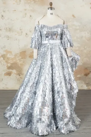 metallic silver long sword sequin prom ball gown