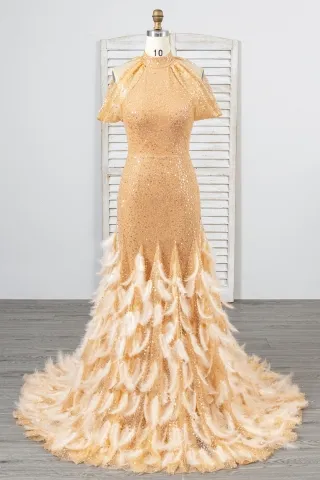 dazzling gold beading glitter feathers prom dress