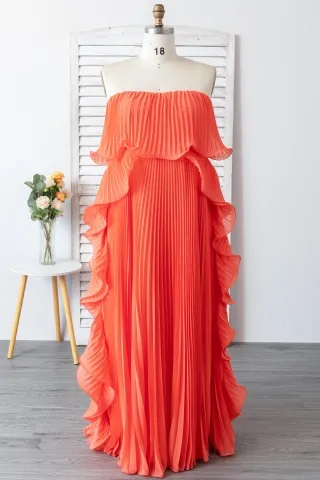 fully pleated orange chiffon ruffled long birthday gown