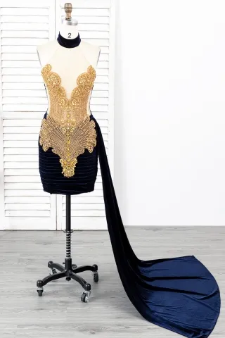 sparkly gold beading navy velvet bodycon mini party dress