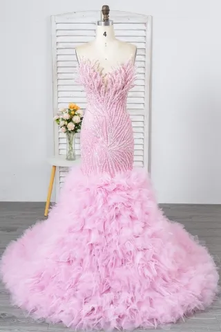 unique pink ruffles heavy beaded mermaid prom dress