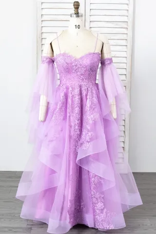 lilac lace tulle bell sleeve flounced birthday dress