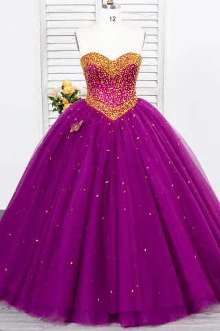 gold crystal beaded corset magenta quinceanera ball gown