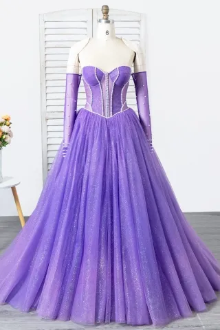 shimmering violet tulle corset prom ball gown with pearls