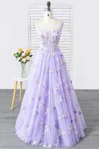 fairy lavender 3d flower lace illusion corset prom dress