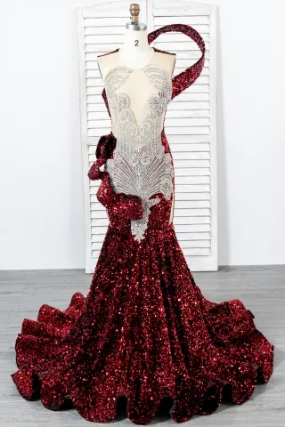 dazzling dark red sequin silver beading mermaid prom gown