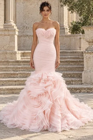 blush organza ruffle rose mermaid wedding dress