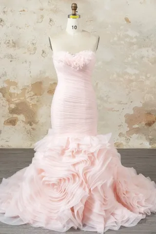fancy blush organza ruffle rose mermaid wedding dress