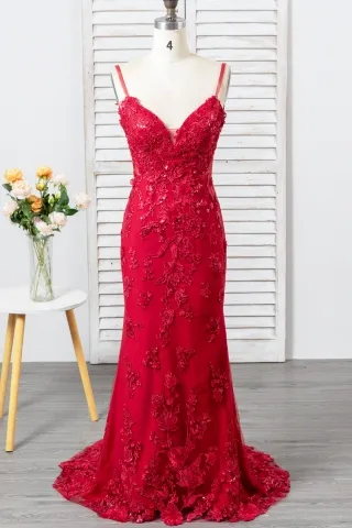 ruby floral lace applique mermaid open back evening gown
