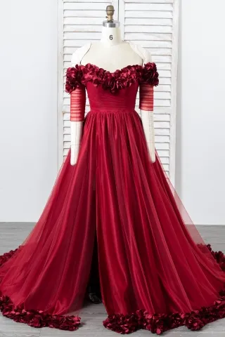 fancy 3d petals shoulder hemline burgundy prom dress
