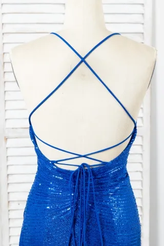 royal blue sequin strap back evening dress