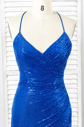 royal blue sequin v neck dress