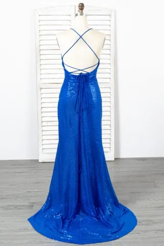 sexy royal blue sequin low back graduation dress