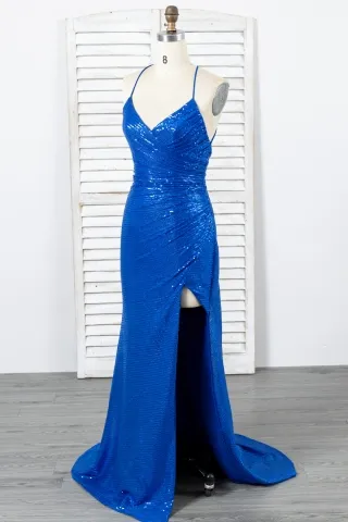 simple royal blue sequin split evening dress2
