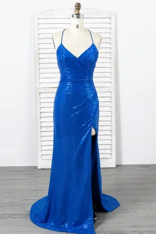 sparkly royal blue sequin split low back evening dress