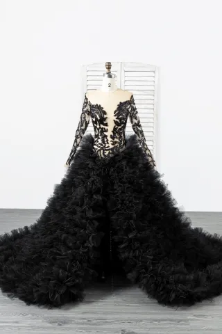 black unique beading lace ruffled tulle prom ball gown