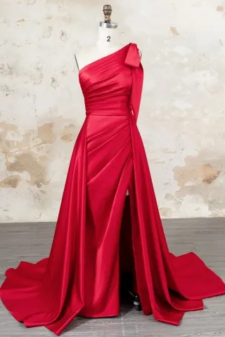 fancy bow one shoulder draped red satin slit formal dress