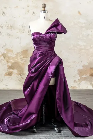 shiny eggplant satin one shoulder prom dress with slit