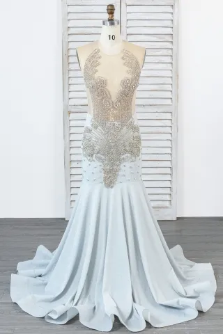 unique beading bodice silver lurex mermaid prom dress