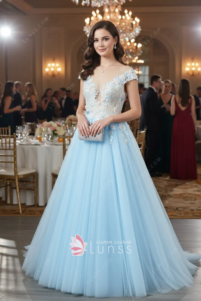 3D floral sky blue tulle dress 3D floral sky blue tulle dress