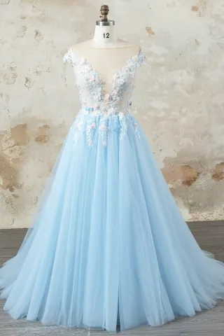 romantic 3d floral sky blue tulle a line formal dress