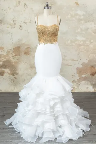modern white and gold mermaid ruffled organza prom dress