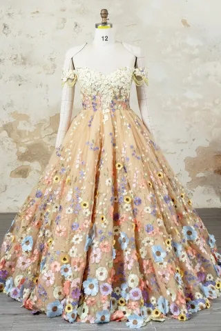 multi color 3d flower lace pearled straps prom ball gown