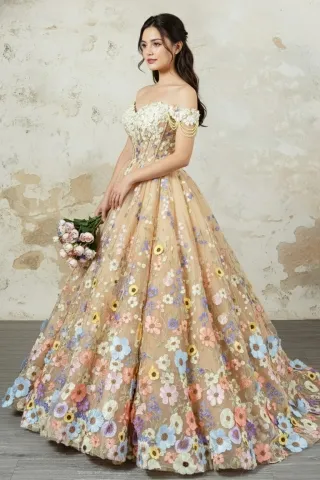 multi color 3d flower prom ball gown