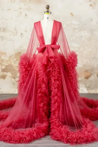 sexy red tulle ruffled maternity robe photoshoot dress