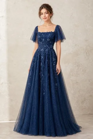 navy blue glitter tulle and lace applique prom dress