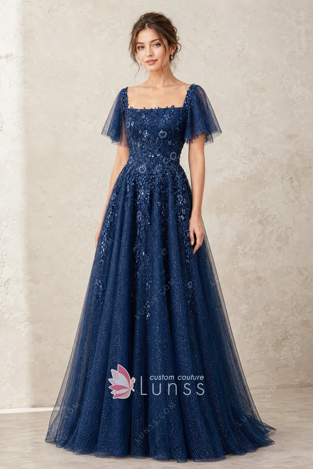 navy blue glitter tulle and lace applique prom dress navy blue glitter tulle and lace applique prom dress