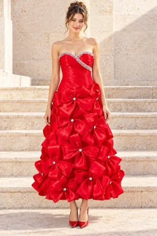 beaded red organza 3D bow dress