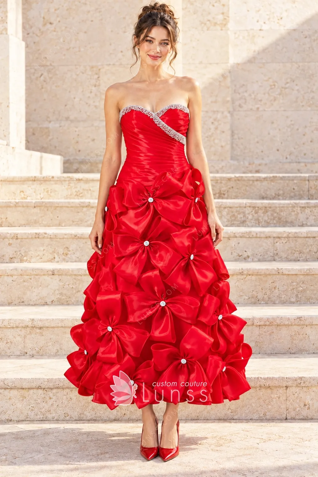 beaded red organza 3D bow dress beaded red organza 3D bow dress