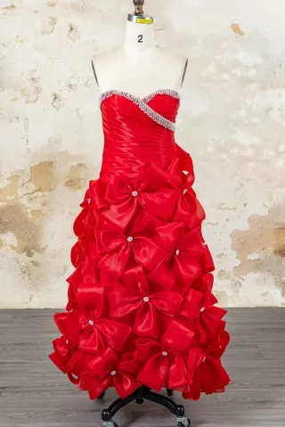 beaded strapless red organza layered bow engagement dress