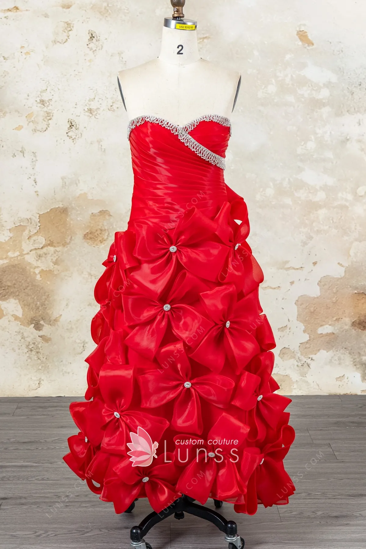 beaded strapless red organza layered bow engagement dress beaded strapless red organza layered bow engagement dress